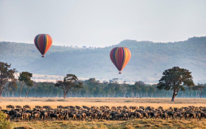 Kenya, Masai Mara, Narok County, Masai Mara National Reserve, Hot air balloons floating over landscape Wildebeest migration
