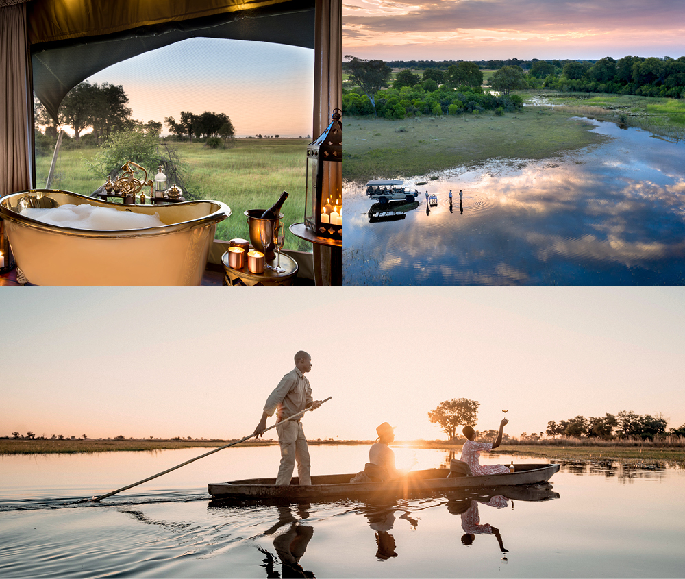 A couple on honeymoon enjoy a mokoro safari on the Okavango Delta in Botswana while on safari.